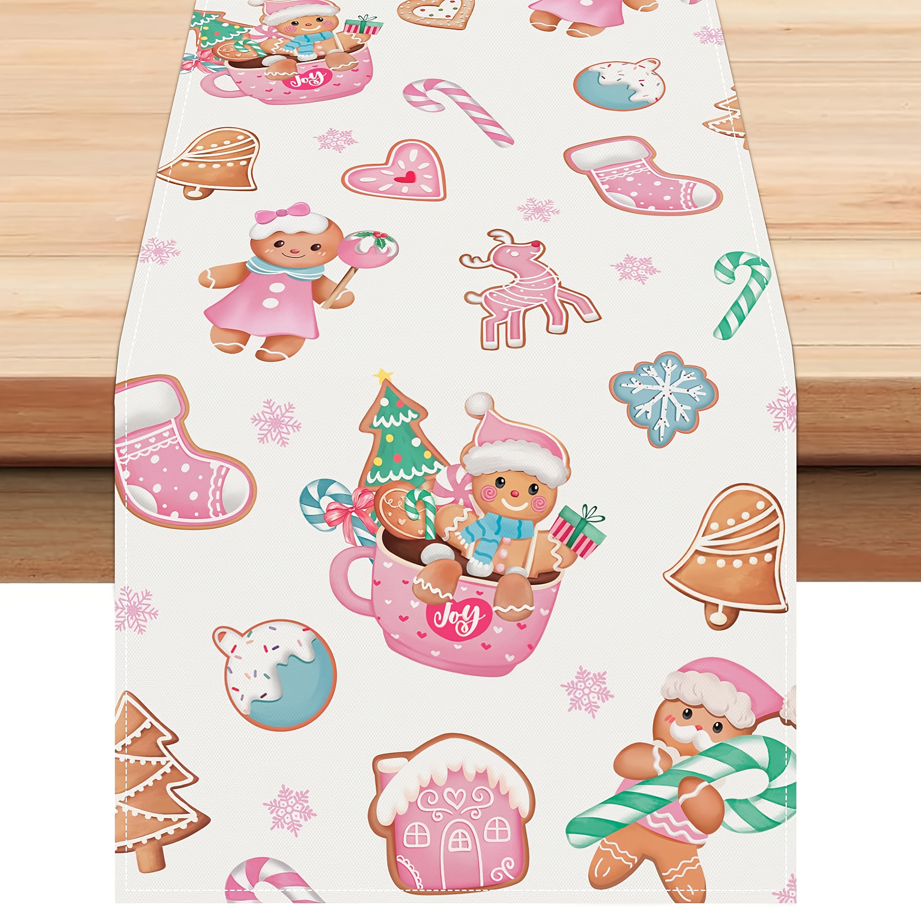 TEMU 1pc Dokriy, Festive Gingerbread Table Runner For Christmas, Pink Candy Cane Socks, Snowflake-themed Winter Vacation Kitchen Table Decor For