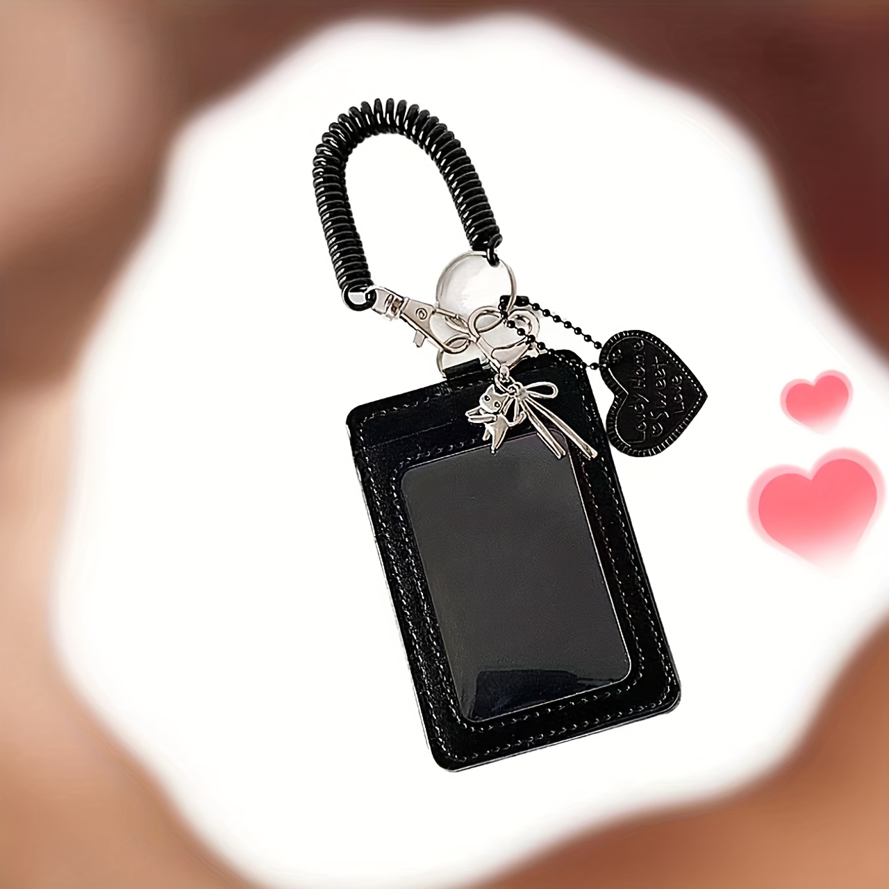 Image of Black Synthetic Leather Student Id Holder Keychain With A Silvery Cat Scarf Pendant, Synthetic Leather Case, Kpop Style Photo Card Storage Box