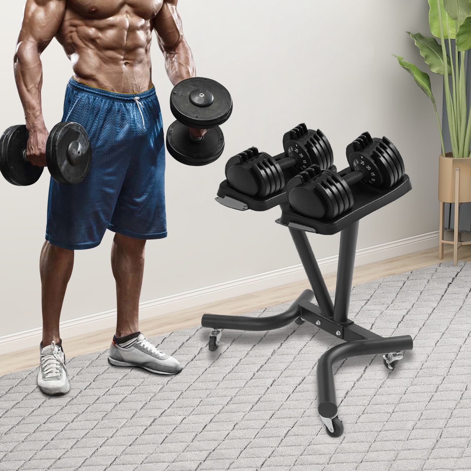 Image of Heavy Duty V-shaped Steel Dumbbell Rack With 4 Locking Casters | Space-saving Home Gym Storage For Weight Plates & Fitness Equipment | 50kg Capacity Workout Organizer