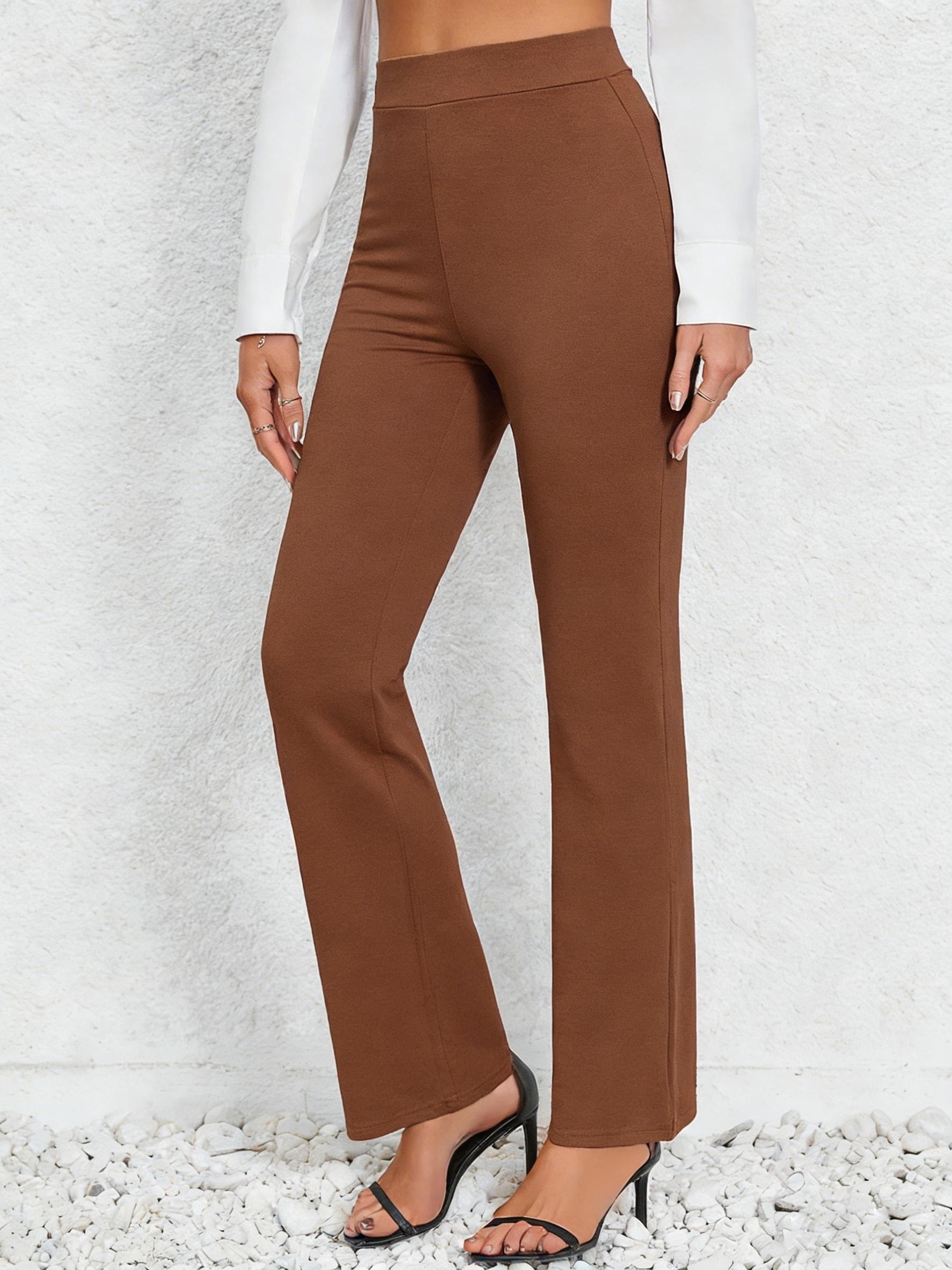 womens elastic straight leg pants   elastic waistband polyester fiber machine washable   wear simple and stylish casual pants   stretch fabric