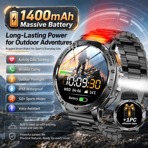 item picture 2026 new smart watch with 1400mah battery 120 days battery standby life mens watch 1 7in screen two color led flashlight 120 exercise mode ipx8 wireless call fathers day gift halloween christmas gift