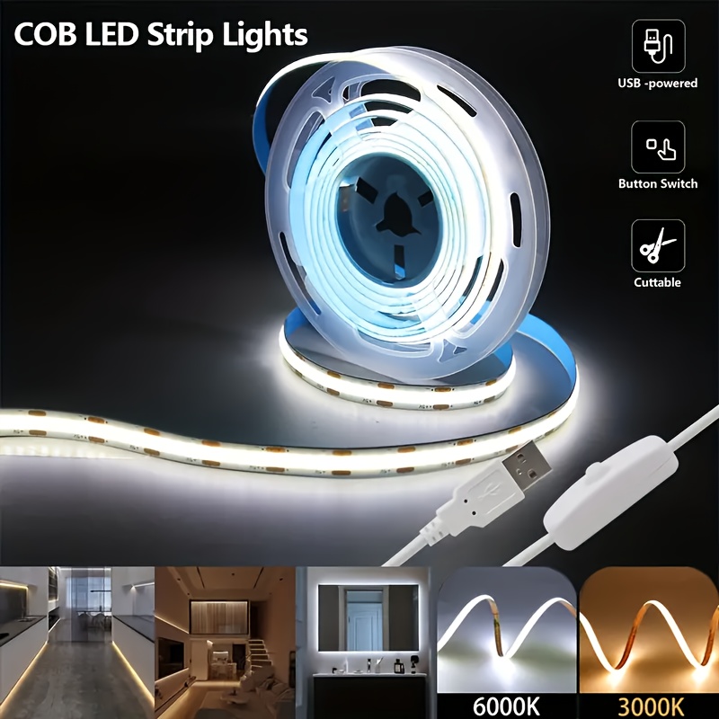 

Flexible Usb-powered Cob Led Strip Lights With Easy Switch - High , Self-adhesive, 3.28ft To 16.4ft Rolls For Kitchen, Garage, Tv Wall Decor - Choose (6000k) Or Warm White (3000k), Options