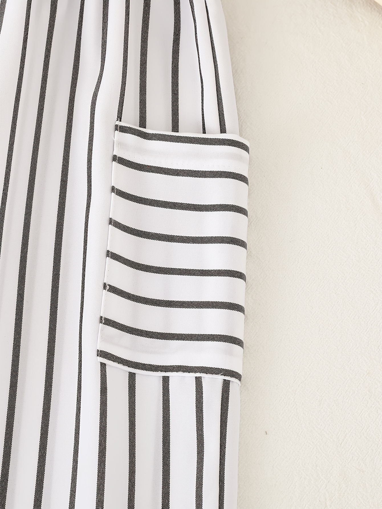 Casual Striped Turn- Collar Sleeveless Belt Half Placket Resin Button Pocket Jumpsuit, Suitable for Summer Outdoor Casual Wear, for Outdoor