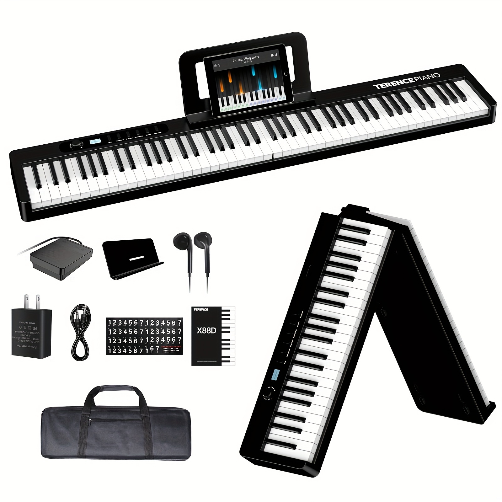 

Terence Piano Keyboard 88 Keys, Semi-weighted Folding Piano Keyboard With Midi Support Wireless Portable Piano With Lcd Screen, 2x5w Speakers, Music Stand, Stickers, Earphones And 1/4'' Sustain Pedal
