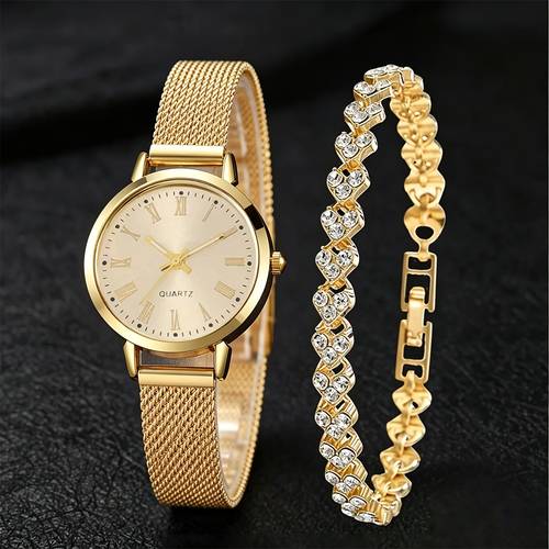 item picture 2pcs set womens watch luxury roman dial quartz watch and jewelry bracelet set business suitable for womens birthday holiday gifts back to parties graduation travel ladies parties