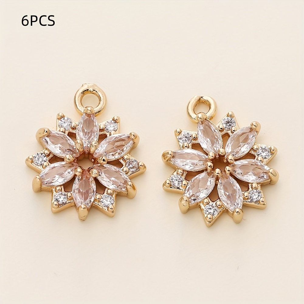 Image of 6pcs/lot 18k Golden Plated Brass Zirconia Flower Charms Pendants For Diy Women Jewelry Making Necklace Earrings Accessories