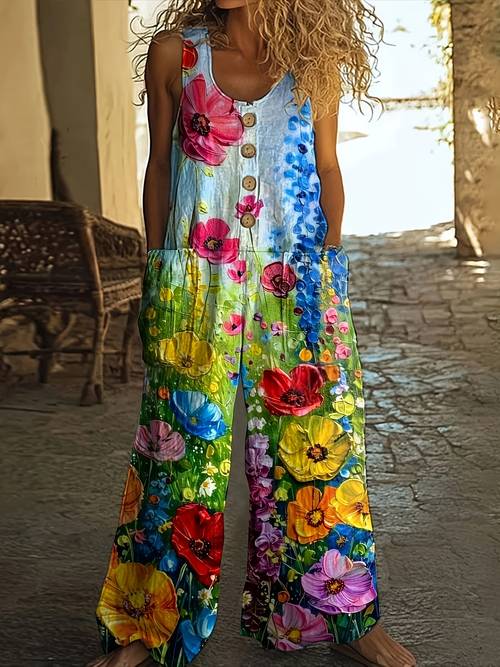 item picture womens casual vintage print pocket jumpsuit suitable for wear and outdoor