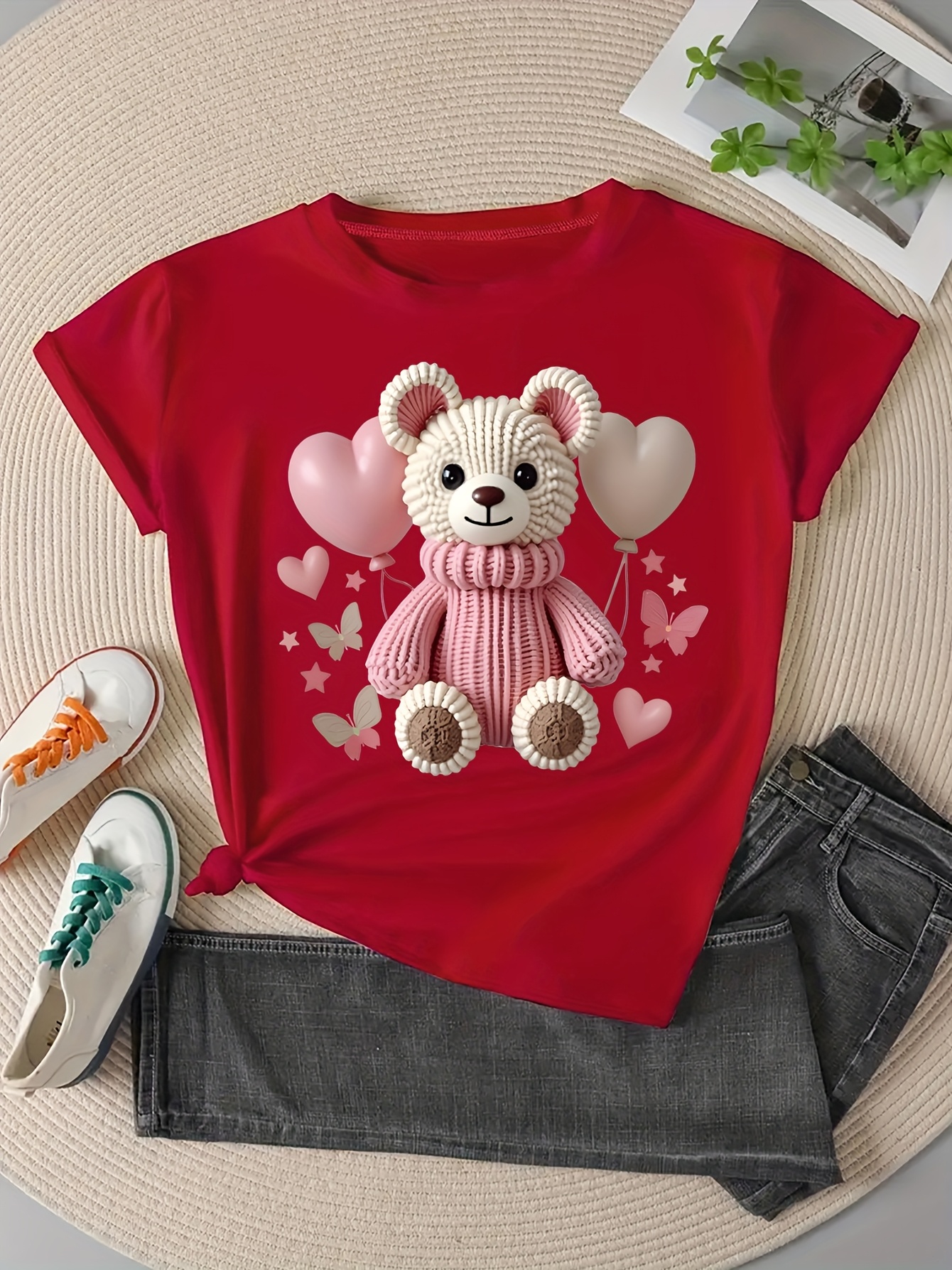 women's cute teddy bear balloon print short sleeve t shirt Temu