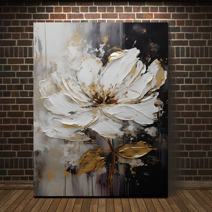 

Gold Leaf White Flower Canvas Wall Art, 11.8"x15.7", Wooden Framed Ready To Hang, Modern Floral Print For Living Room, Bedroom, Office Decor
