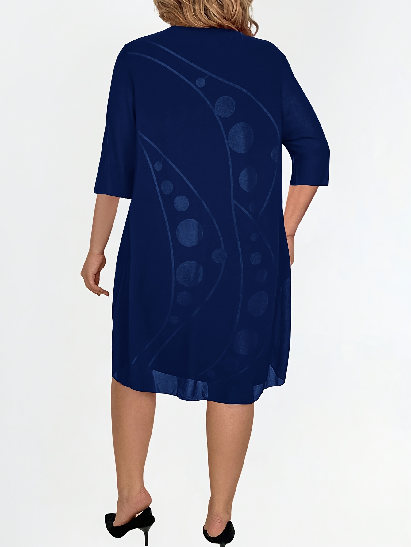 abstract print layered dress elegant 3 4 sleeve crew neck dress womens clothing blue b 2