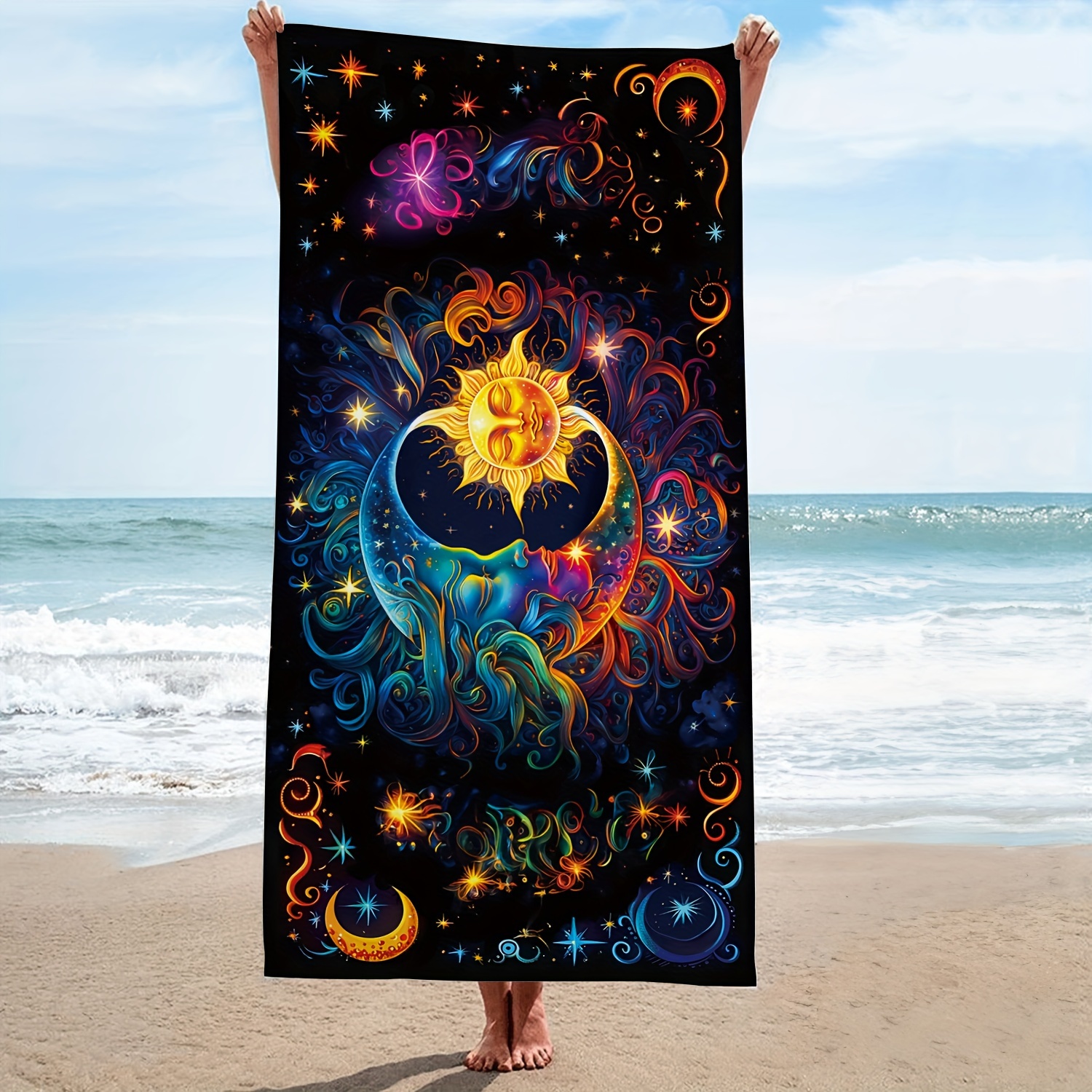 

1pc Sun Moon Microfiber Beach Towel, Psychedelic Hippie Oversized Beach Towel, Lightweight Sandproof Quick Drying Thin Absorbent Towel, Swimming Pool Camping Beach Accessory