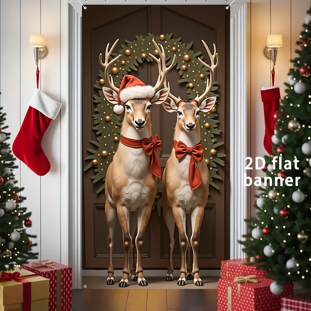 TEMU Bannière de porte 2D, 1 pièce Bannière de porte de de Noël festive - Polyester durable, 35,4 pouces x 70,8 pouces, Design de forêt enneigée avec