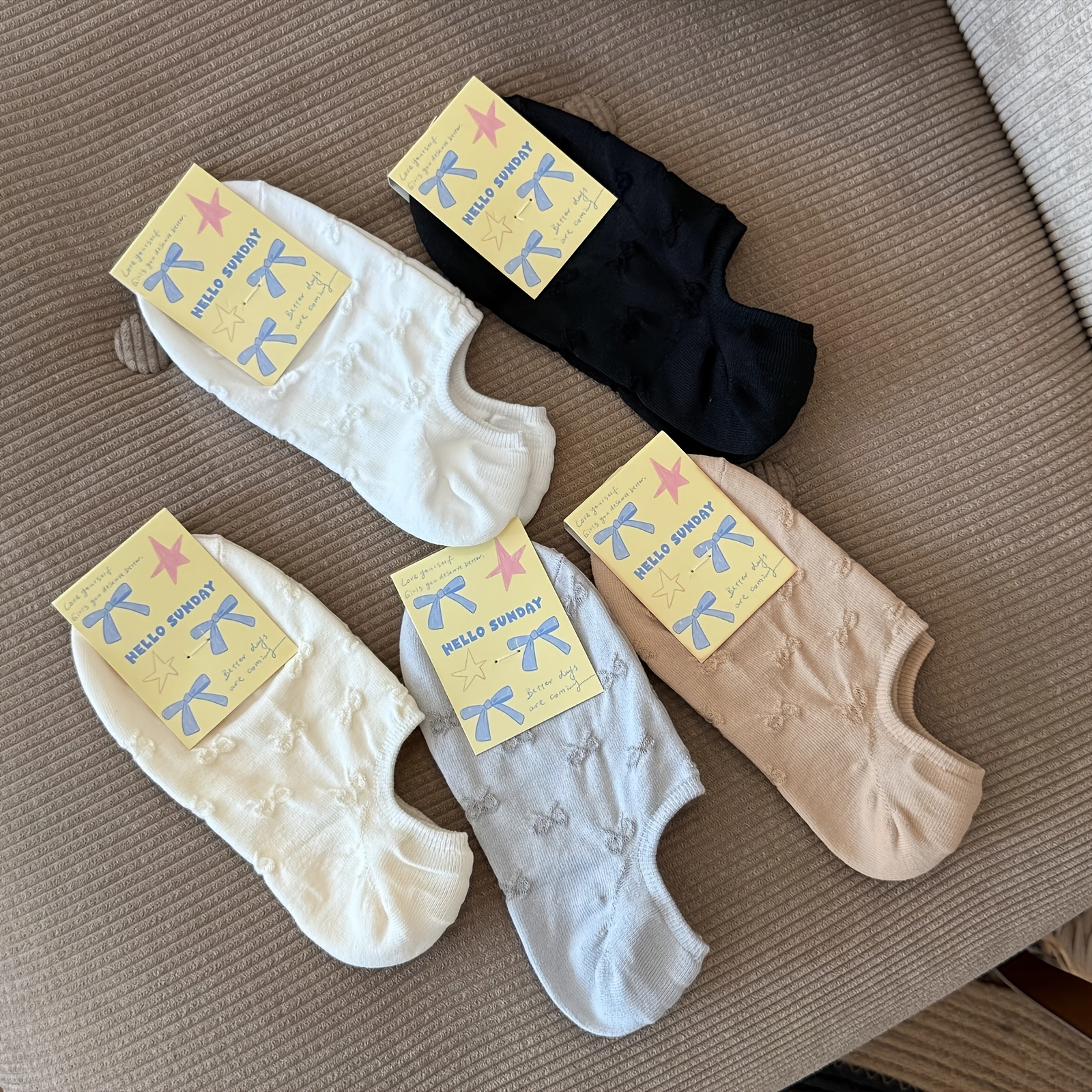TEMU 5-pair Spring/summer Solid Color Bowknot Boat Socks For Women, Shallow-cut Invisible Socks, Korean Style Ins-style Hollow-out Breathable Low-top