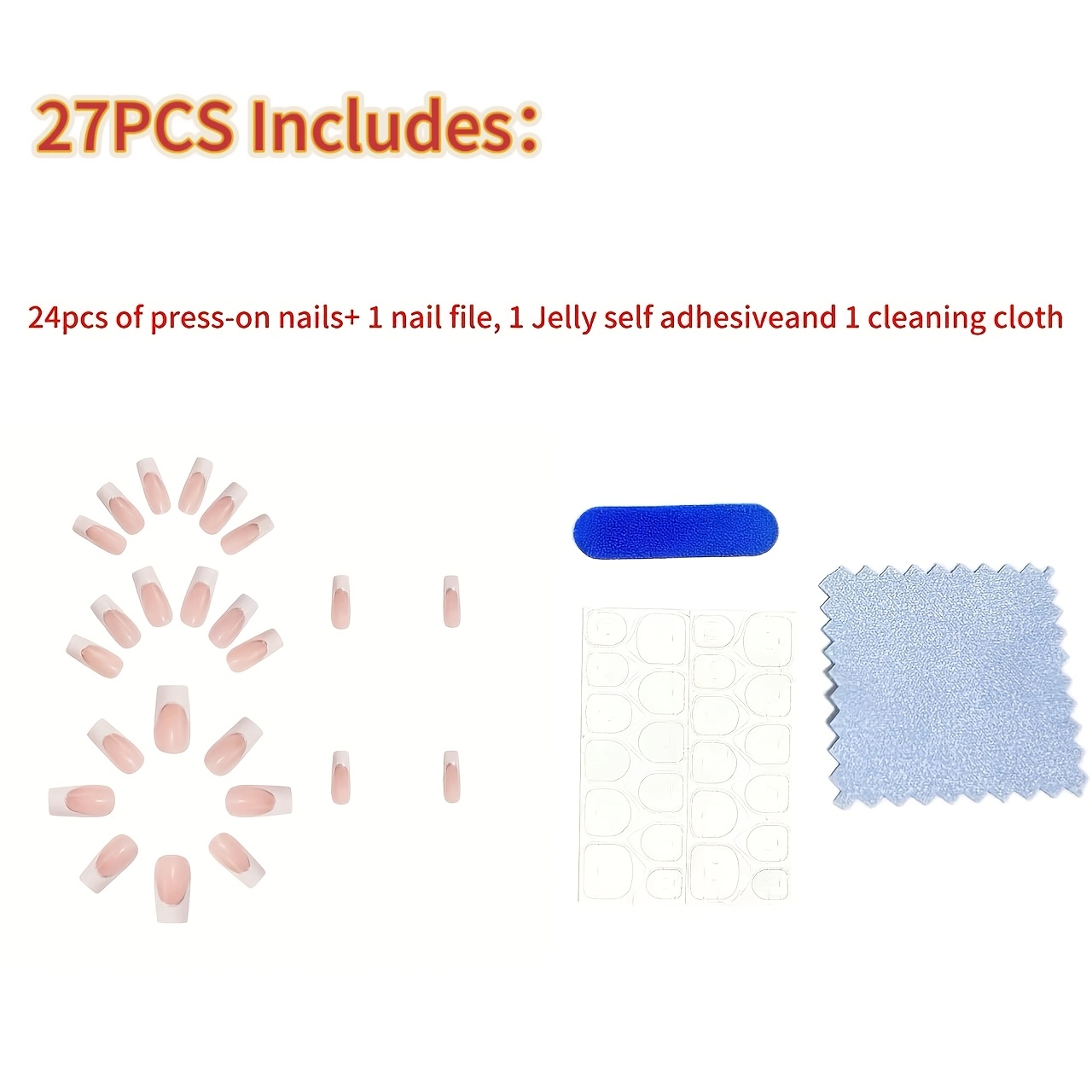 TEMU 27 pièces contenant 24 extrémités d'ongles, 1 lime à ongles, 1 feuille de pastilles auto-adhésives en gelée et 1 chiffon de nettoyage - Ongles