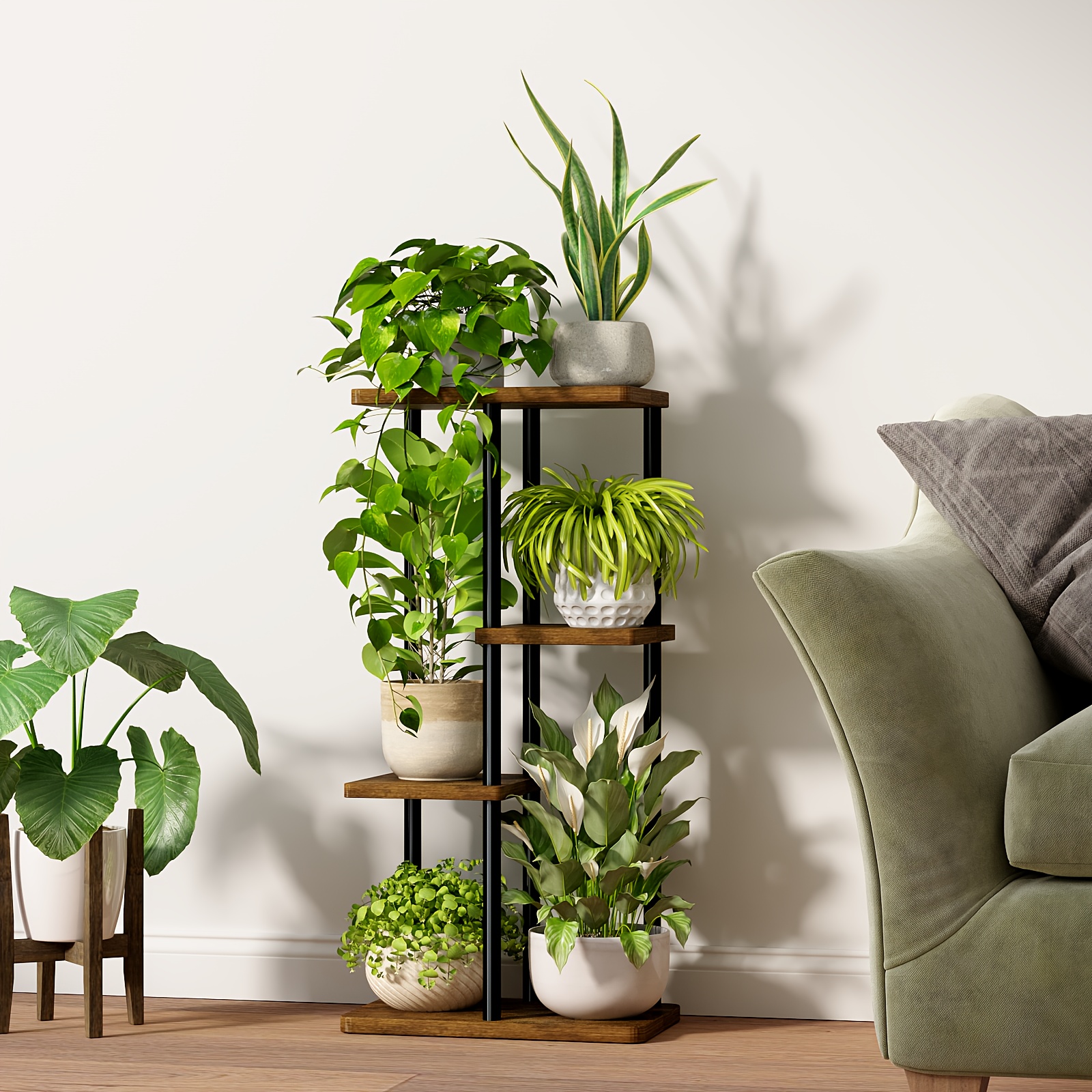 Image of 4-tier Plant Stands Indoor, Corner Shelf Plant Stand For Multiple Indoor Plants, Metal Tiered Display Stand For Living Room Balcony Garden Patio, Brown