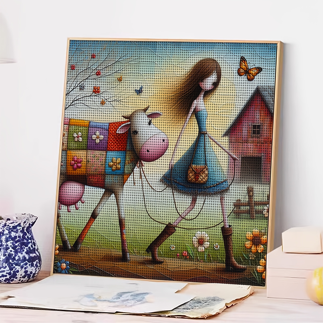 DIY Cross-Stitch Printed Kit, Colorful Ox Strolling Through the Pasture