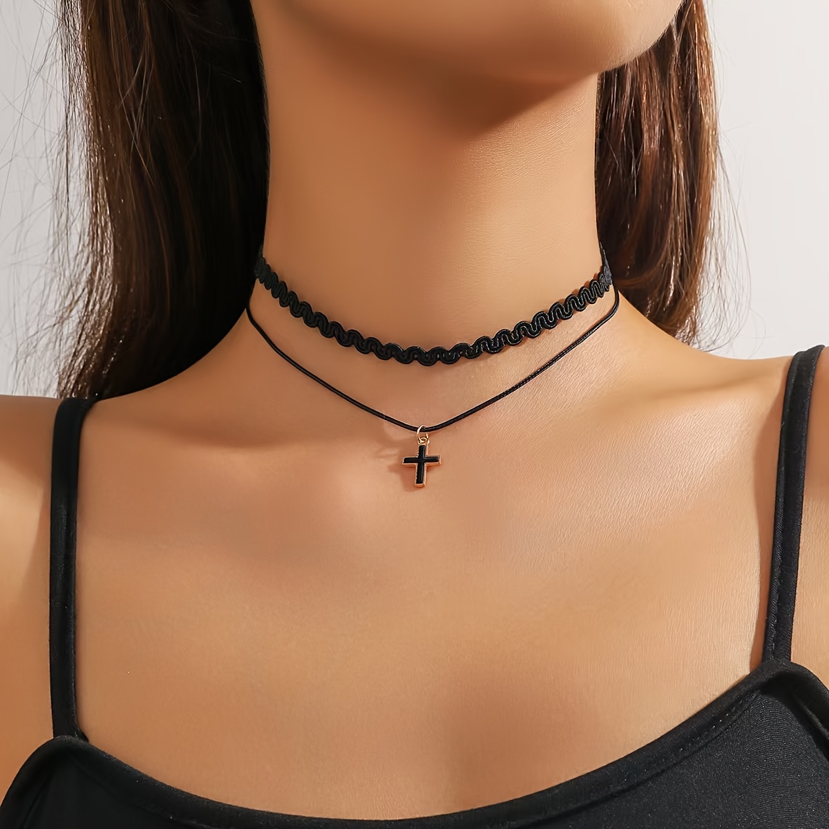 Black Necklace Collarbone Chain Cross Pendant Necklace Choker Neck Chain