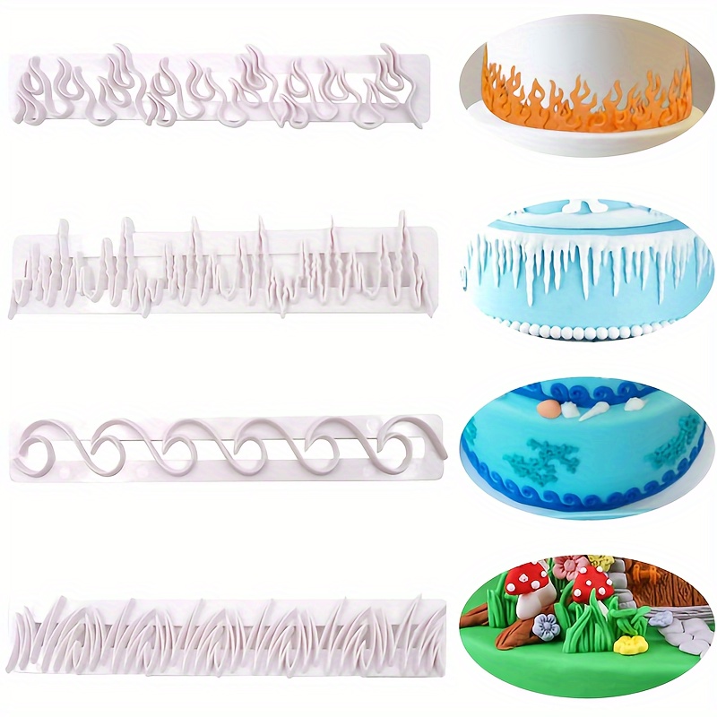 

4pcs, Fondant Cutters, Fire Flame Ice Dam Sea Wave Grass Cookie Embosser, Pastry Cutter Set, Biscuit Molds, Baking Tools, Kitchen Accessories