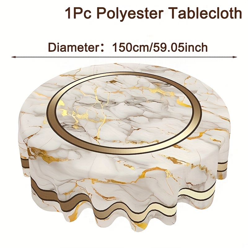 Deep Marble Round Tablecloth 59.05 Inch, Golden Marbling Textures Granite Surface Polyester Round Table Cover For Home Kitchen Dining Party Table Decor