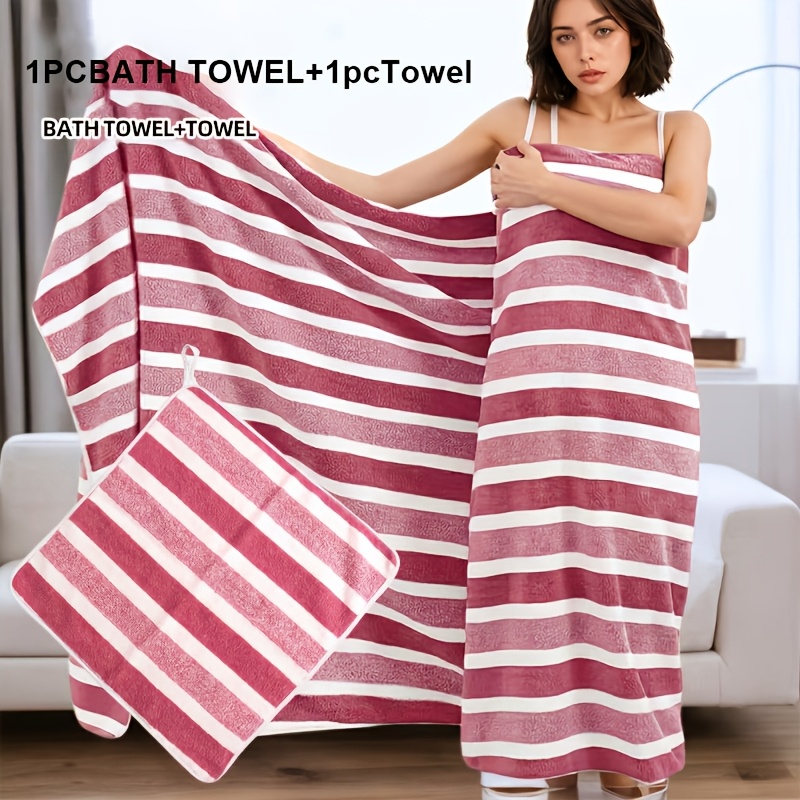 TEMU Wide-striped Oversized Bath Towel Set, , High Absorbency, Quick-drying, Plush Fabric, Suitable For Spa, Gym, Hotel And Home Bathroom, Multiple