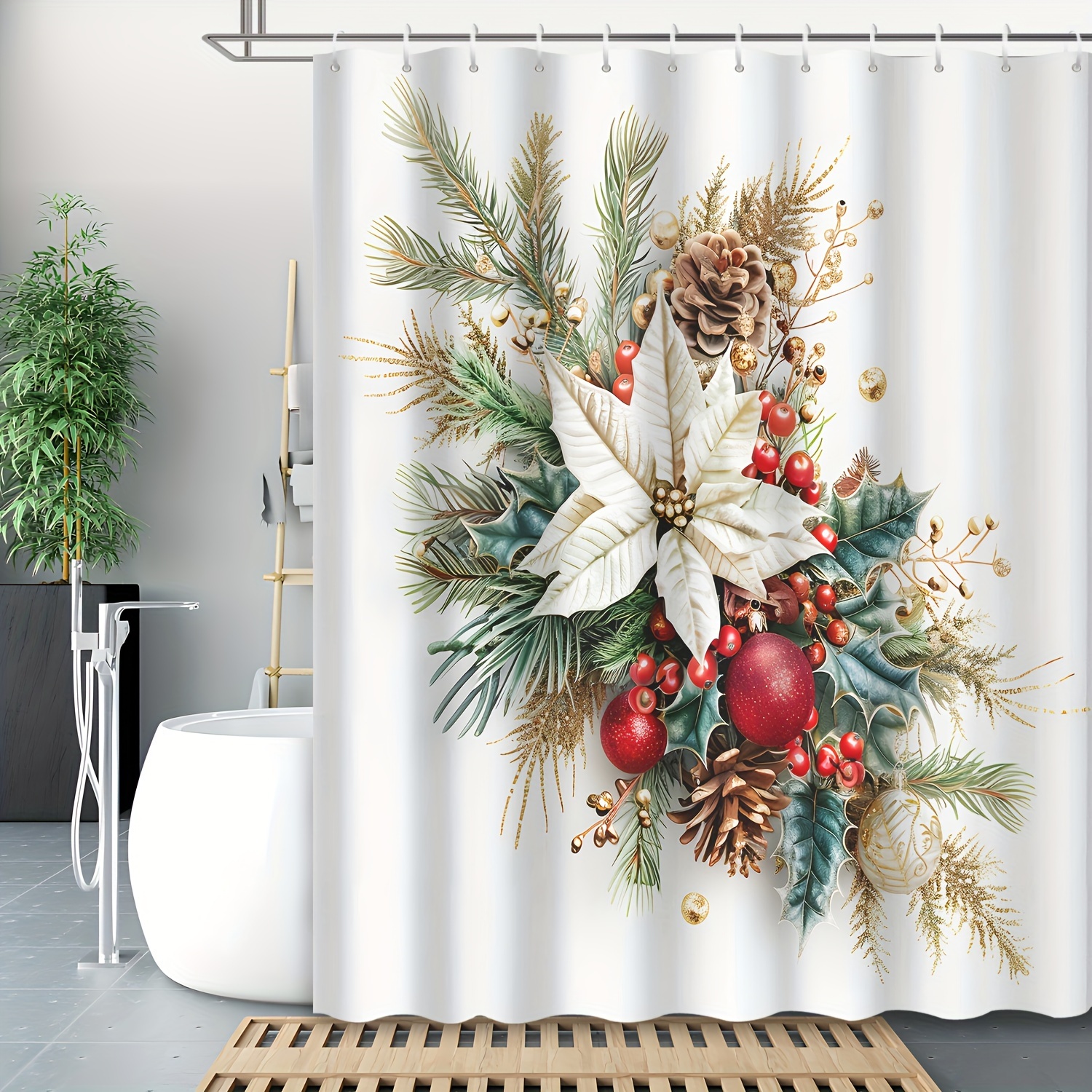 

Christmas Polyester Bath Curtain , Red , & , Includes 12 , - Unlined Top For Bathroom Decor - ,