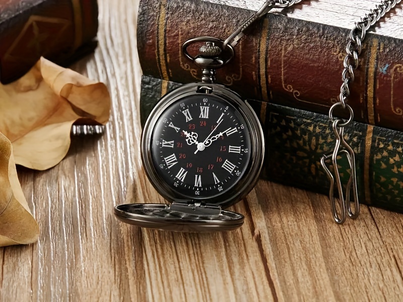 popular   elegant vintage mens pocket watch with black dial and   chain intricate roman   quartz movement non waterproof alloy case ideal birthday or holiday gift for couples details 4