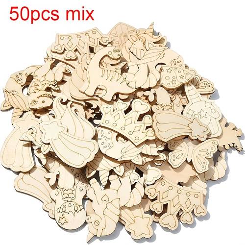 50pcs princess fairy tale wooden wood diy craft with unicorn cutouts for decorations role play costumes paintable for diy crafts gifts