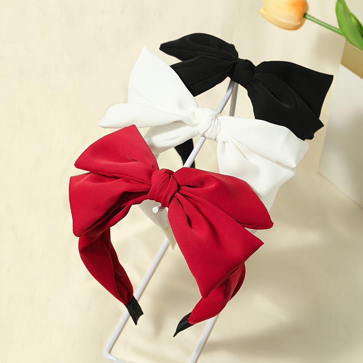 

3pcs Fabric Bow Headbands For Women - Elegant & Cute Accessories Set, Solid Color, Fashionable Wide Headband With Bow Detail - No Feather