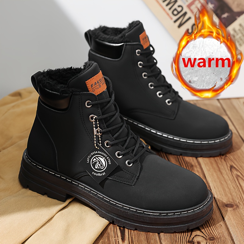 

Men's Winter High-top Boots - Warm, Fleece-lined & For Casual Outdoor Work, Lace-up With Round Toe, Pu Upper & Pvc Sole, Black, Winter Boots