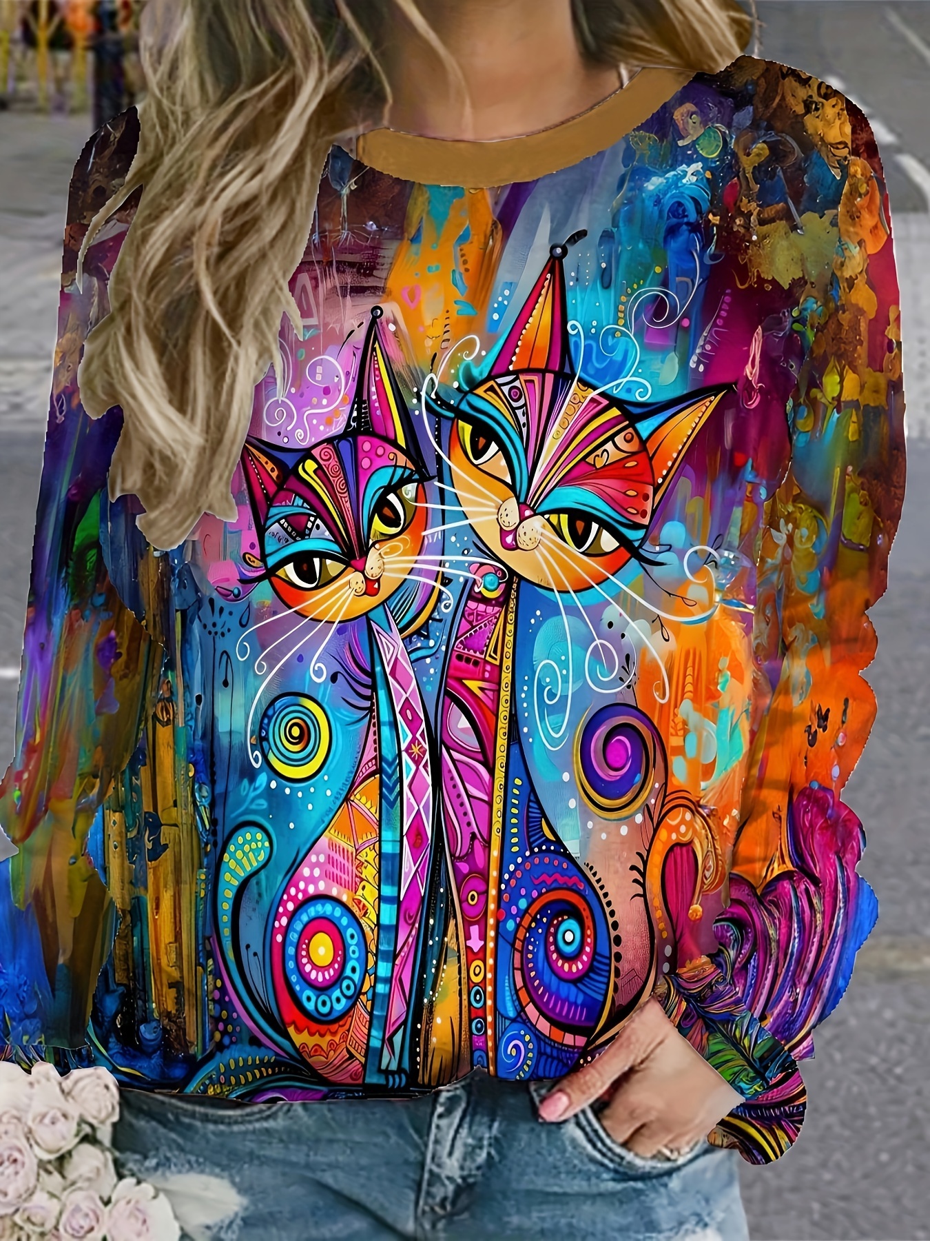 damen freizeit sweatshirt mit rundhalsausschnitt und buntem abstraktem katzenmuster - 100 % polyester-strickgewebe, allover-print-design,   für alle jahreszeiten