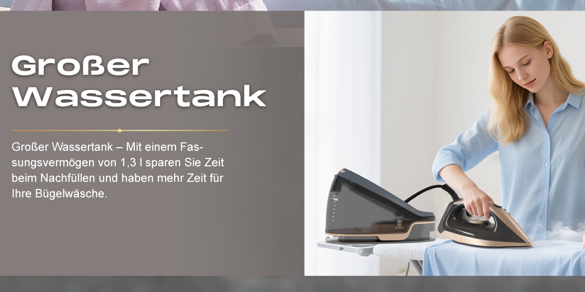 SUPERLEX Stoomstation met een keramisch gecoate, afneembare 1.3 L waterreservoir met een stoomproductie van 25-35G/min, opvallend lichtgewicht en stil.