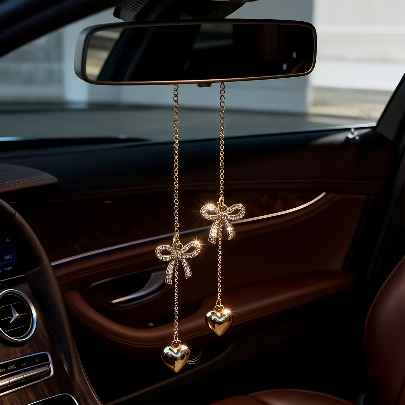 TEMU Car Water-resistant Rhinestone Bow With Heart Charm, Rhinestone Bow With Heart Pendant And Delicate Chain Design. Hangs On The Rearview Mirror