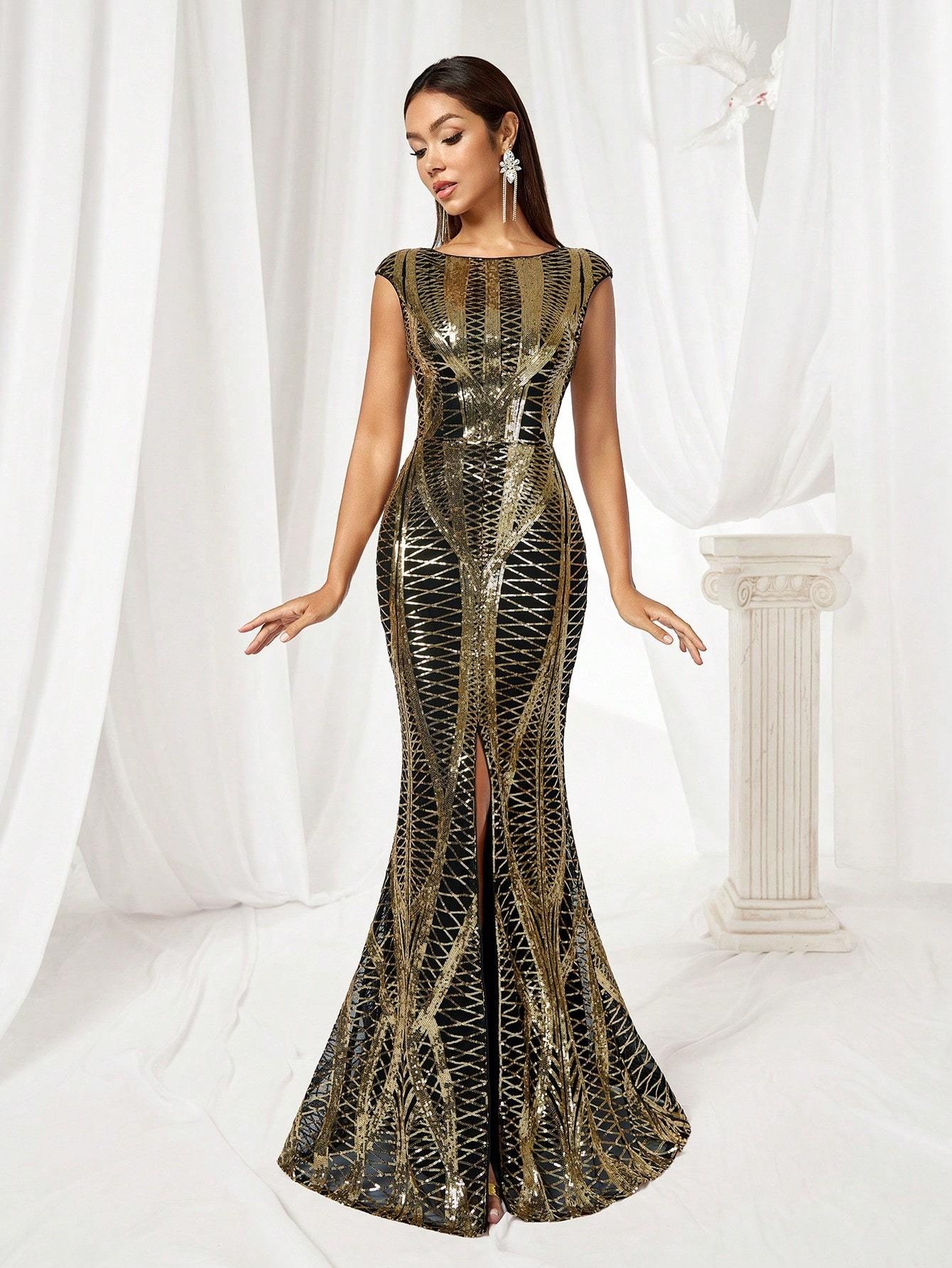 elegant sequin long evening gown high slit bodycon mermaid - Temu Oman