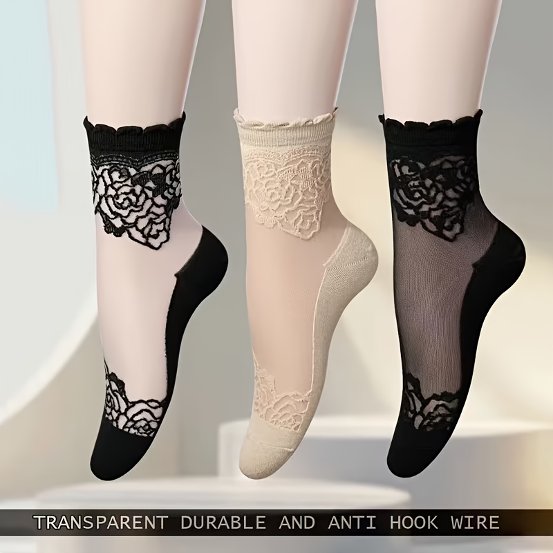 Image of 3 Pairs Of Breathable Thin Stockings For Women And Summer, With Exquisite Rose Pattern And Lace Design. Socks Are Comfortable, Breathable, Versatile, And Durable