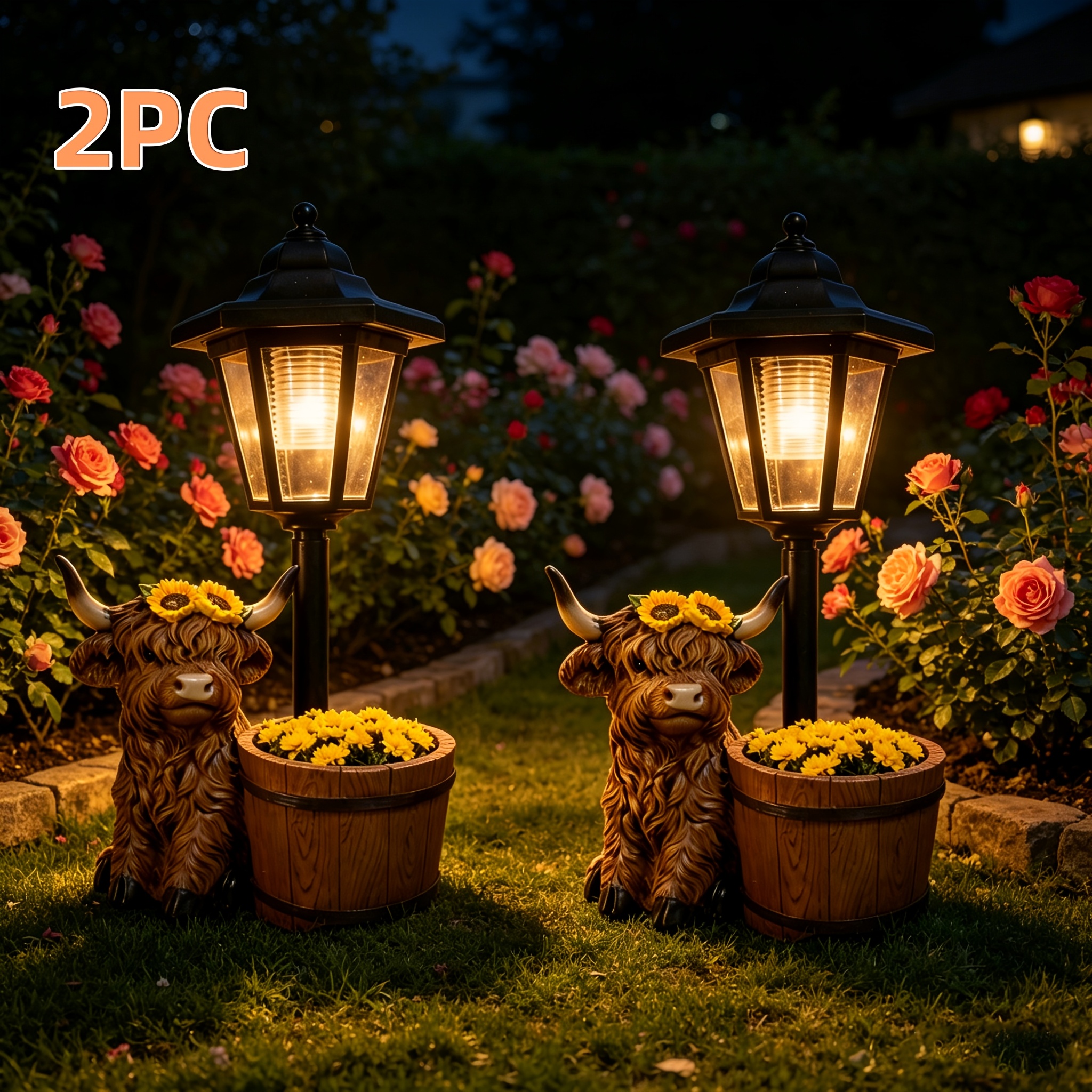 TEMU Otdecor 2pcs Solar Outdoor Garden Decor Lights, Highland Cow Figurine With Pot And Lantern, Decorative Solar Pathway Lights For Patio Courtyard