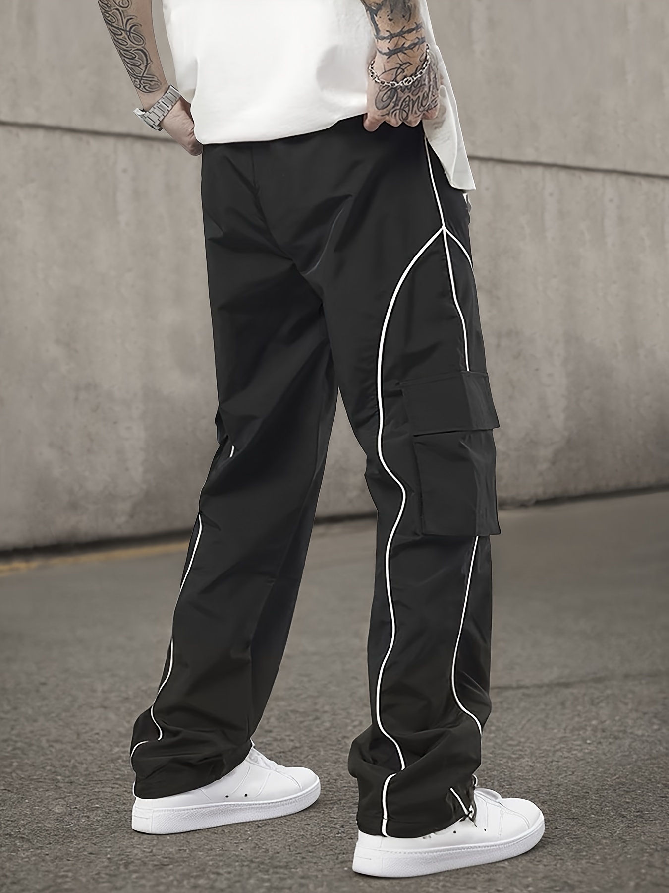 *'s Y2K-Inspired Black Cargo Pants with White Stripe Accents, Drawstring  Waist, and Side Pockets Durable Polyester, Casual Loose Seaso