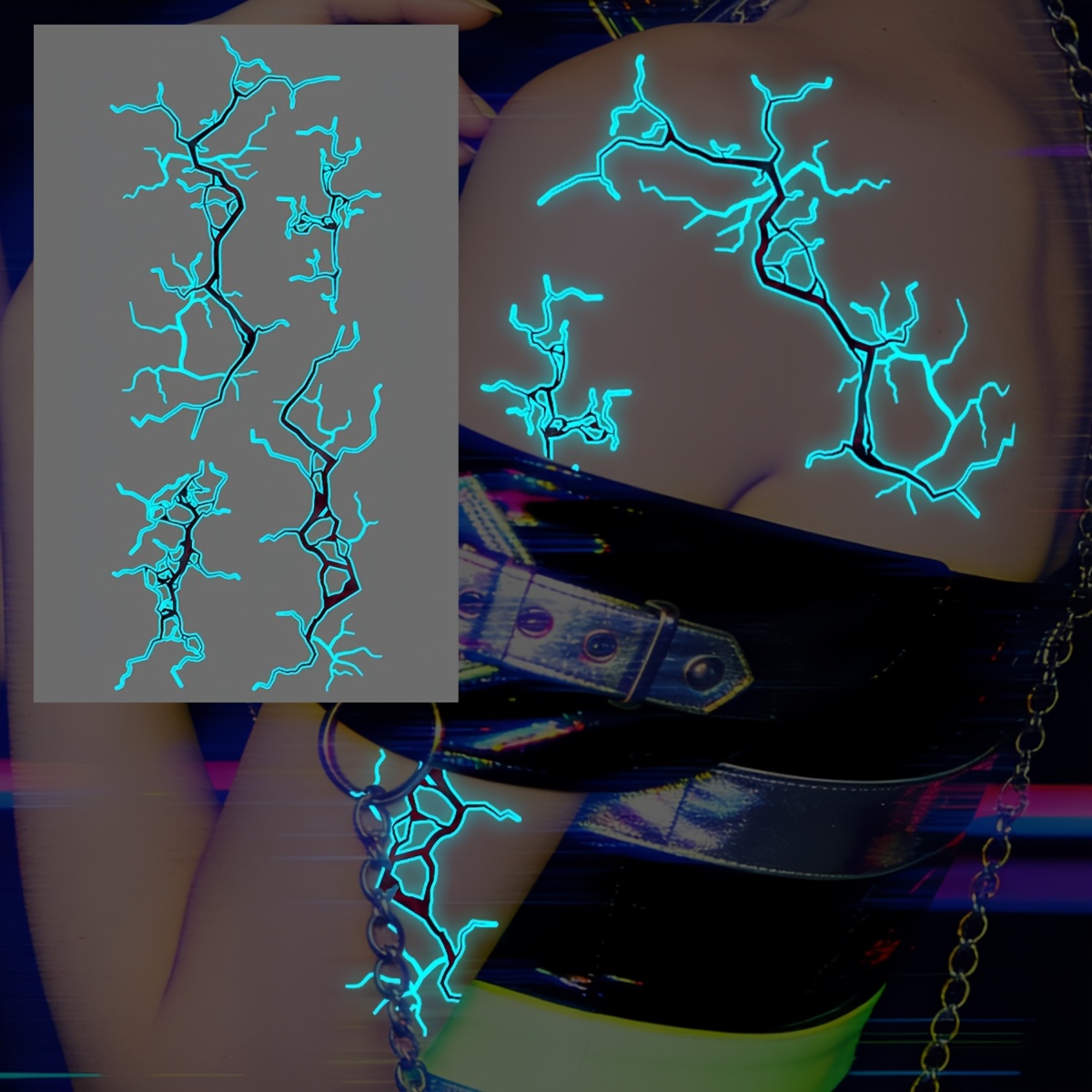 TEMU Halloween Dark Style -in-the-dark Long Lightning Pattern Halloween Makeup Halloween Streetwear Halloween Costume Party Gift Tattoo Sticker For