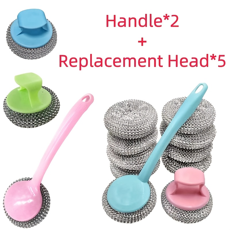 Image of 7pcs Brush Set With 5 Replaceable Sponges - Heavy-duty Wire Scrubbing Pads, Long And Short Handles, Suitable For Kitchen, Bathroom, And Toilet Cleaning, Random Colors