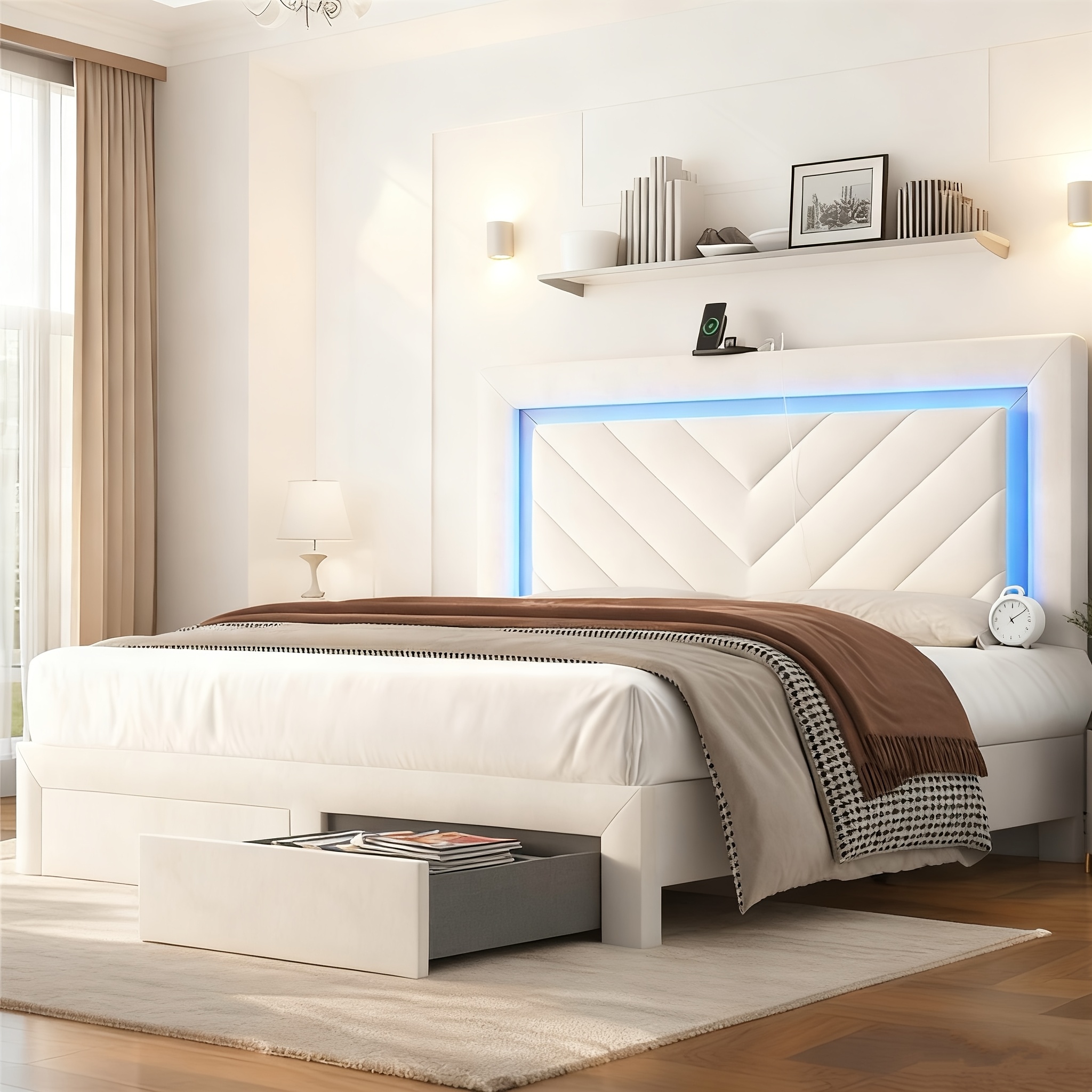 Contemporary Padded Bed Frame Featuring An Adjustable Led Headboard And Built-in Charging Station, Does Not A Box Spring, And Operates