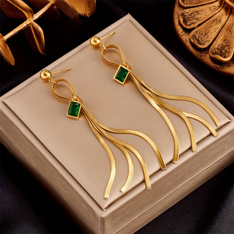 

Vintage Elegant Green Glass Pendant Stainless Steel Golden Plated Tassel Drop Dangle Earrings For Women - All Season Daily Wear Jewelry