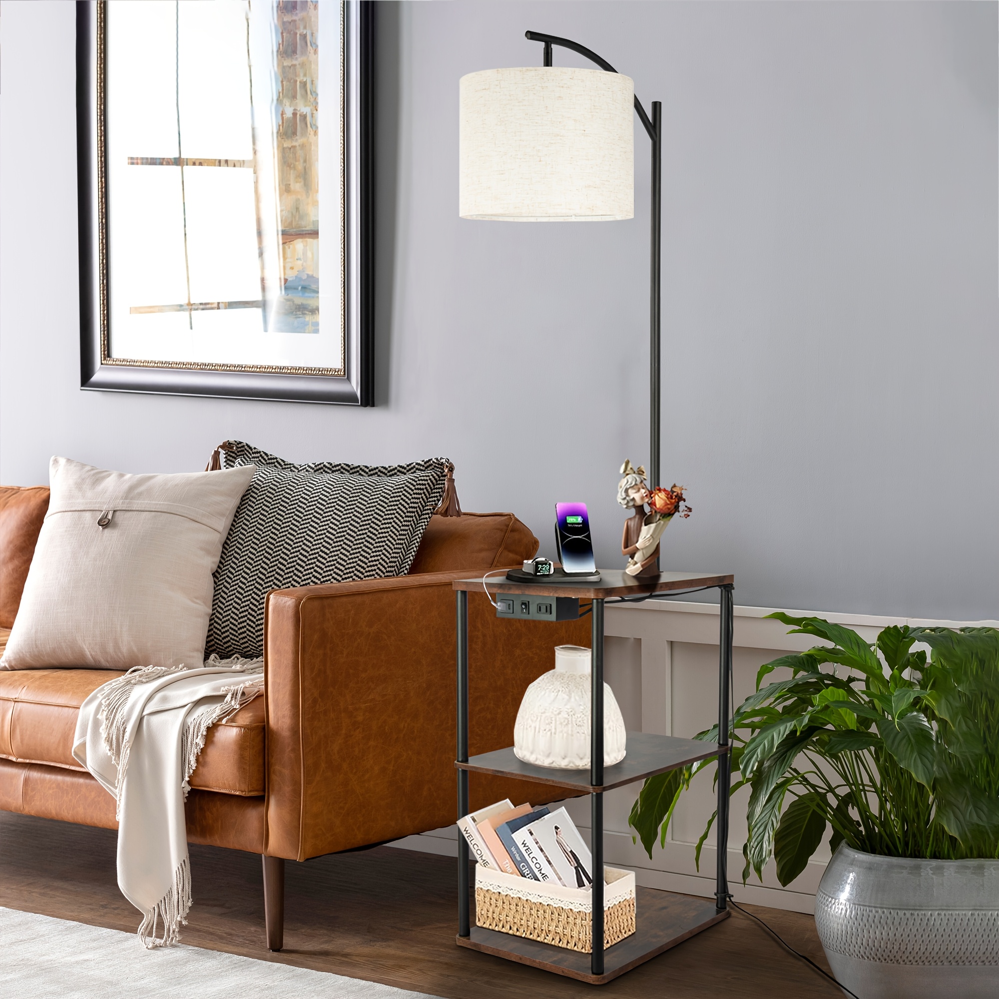 TEMU Floor Lamp With Table, End Table With Charging Station (usb And Type-c And Ac Port), 3 Color Temperatures 9w Led Bulb, Modern Shelves Side Table