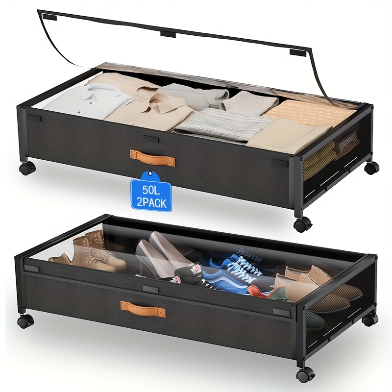 TEMU Ensemble de 1/2 pièces de rangement sous le lit avec roulettes, grand conteneur de rangement 2XL avec couvercle transparent, tiroirs roulants en