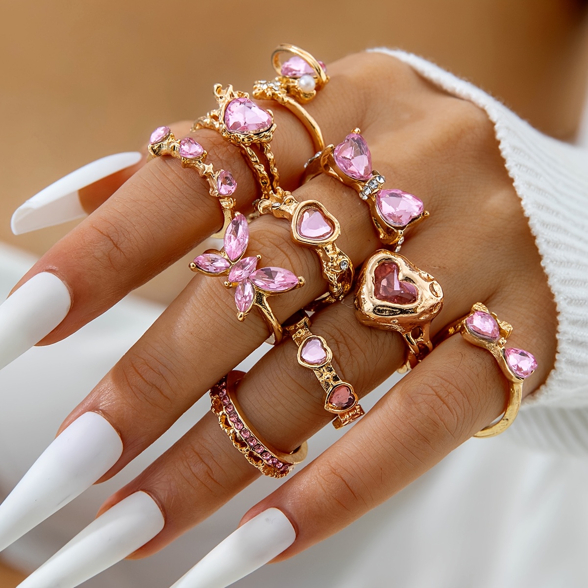 TEMU 10pcs Set Of Open Rings For Women With Pink Bow And Heart Designs, Ideal As Versatile And Elegant Festive Gifts For Parties, Weddings, And Daily