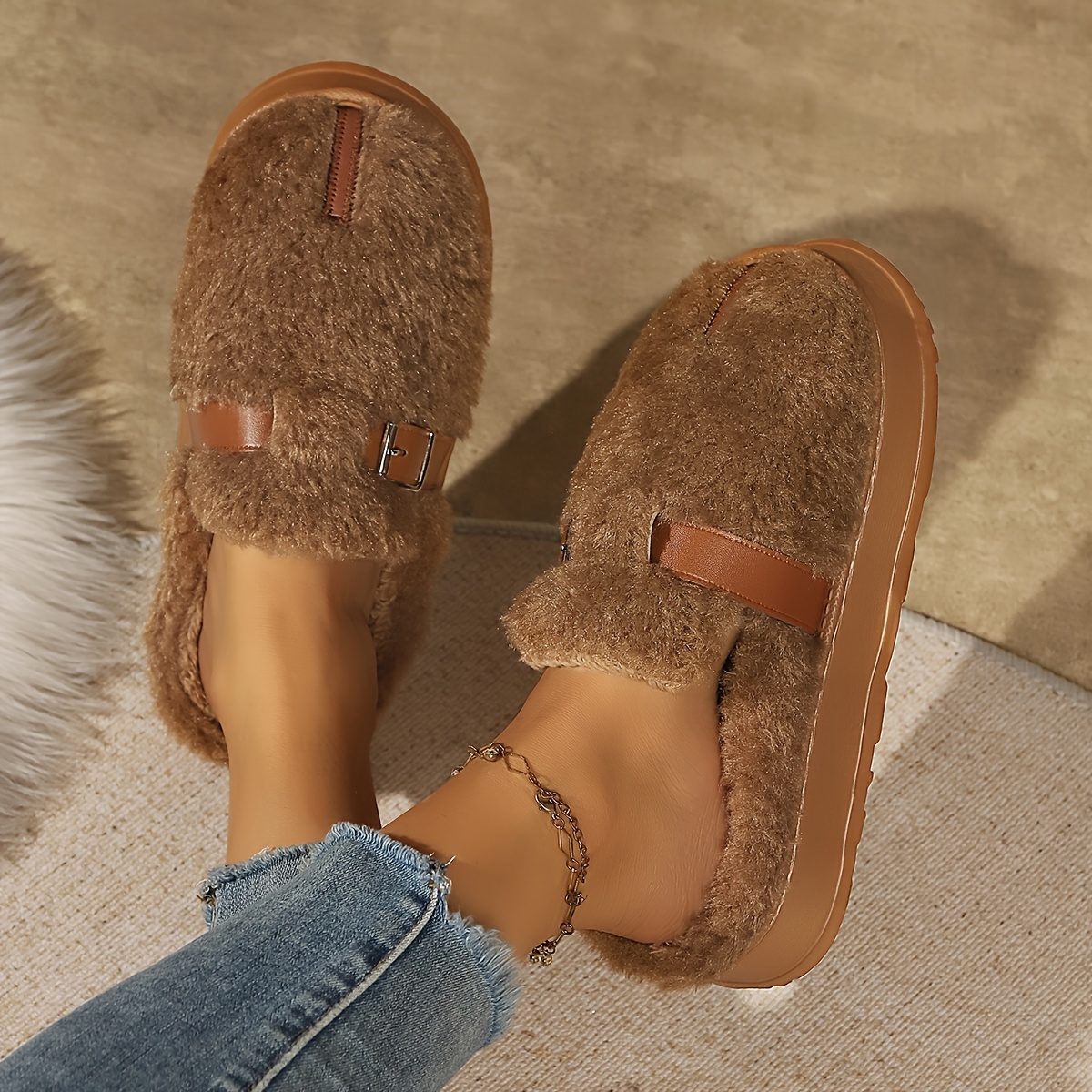 TEMU Dames winter warme pluche pantoffels met & zacht stoffen bovenwerk - Enkelpantoffels geschikt voor binnenvloer, comfortabele schoenen voor de