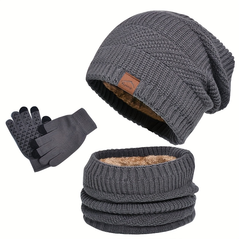 TEMU Knit Hat Set Ear Flaps - Plush, Warm & Windproof, Neck And Scarf,