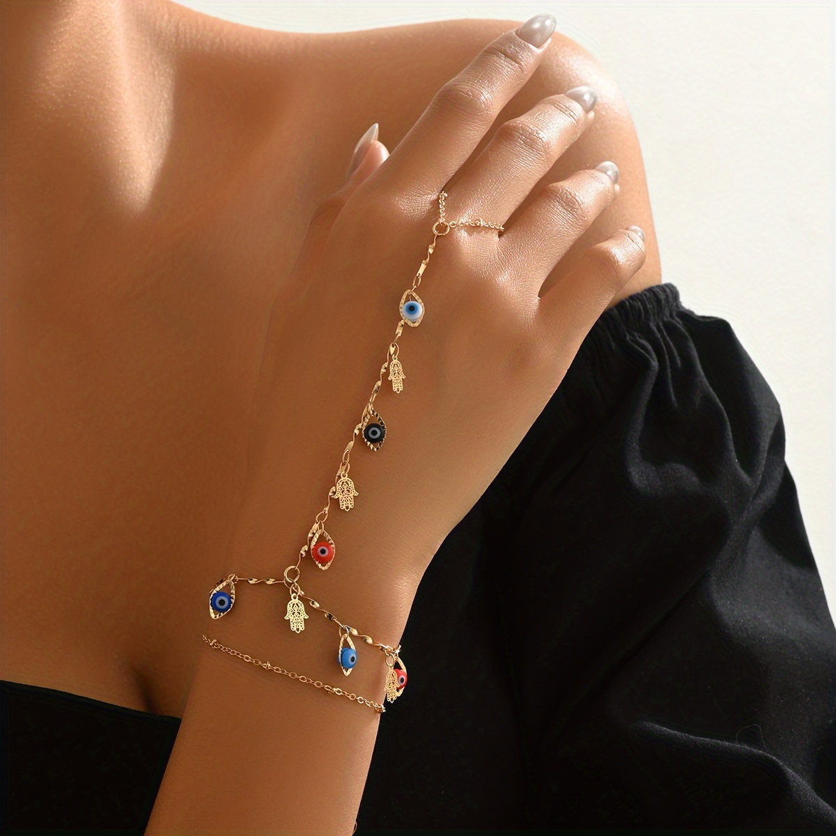 Image of 2pcs Ring Bracelet Hand Chain For Women Golden Snake Finger Ring Bracelet Gothic Slave Bracelet Hand Harness Finger Chain Bracelet Jewelry