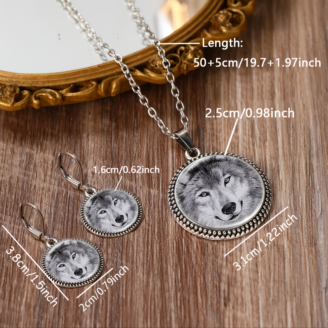 3pcs Classic Wolf Head Pattern Necklace and Earrings Set