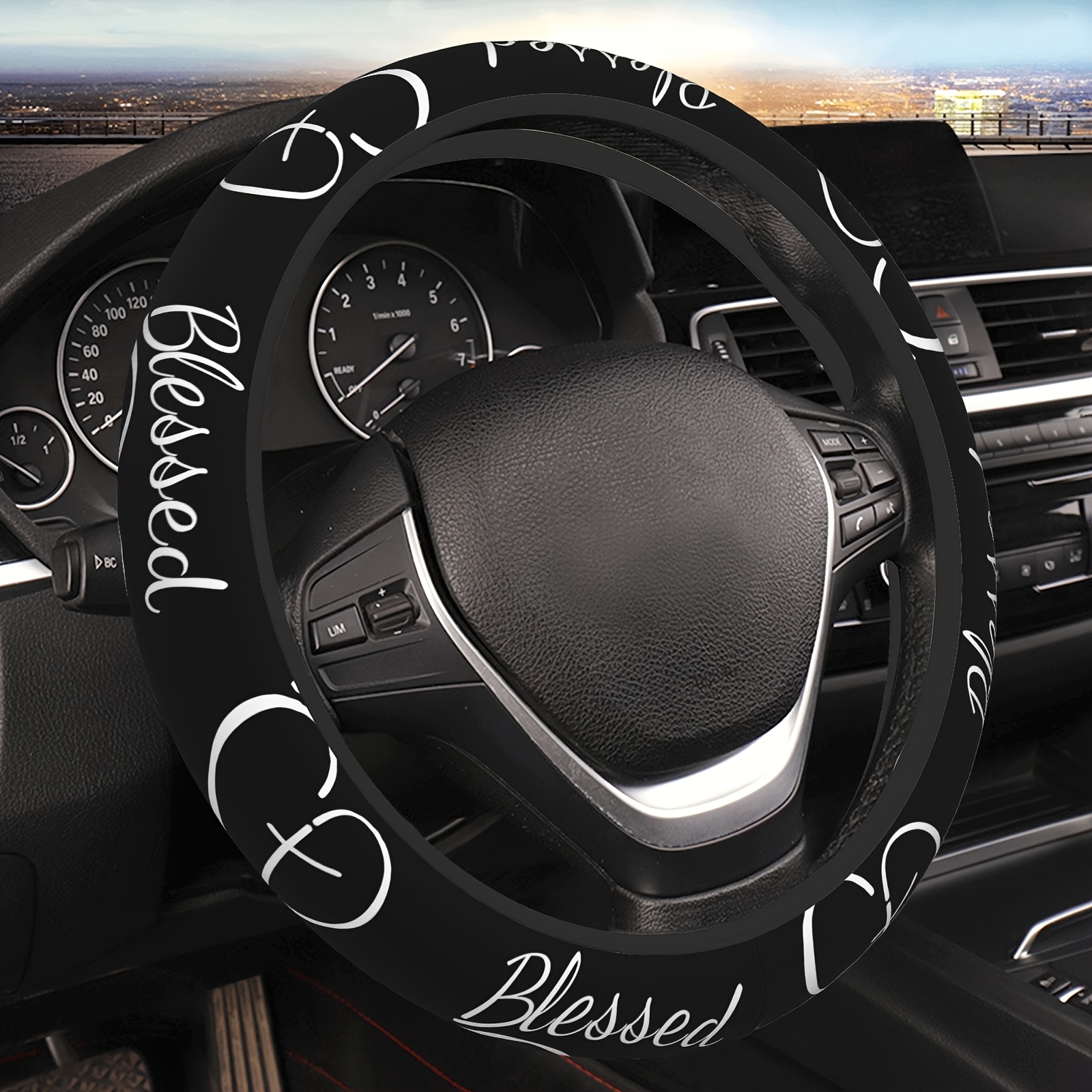 TEMU 1pc A 'blessed' Neoprene Steering Wheel Cover, 15 Inches, Featuring A Non-slip Grip, Elegant Black With Golden Lettering, Suitable For Most
