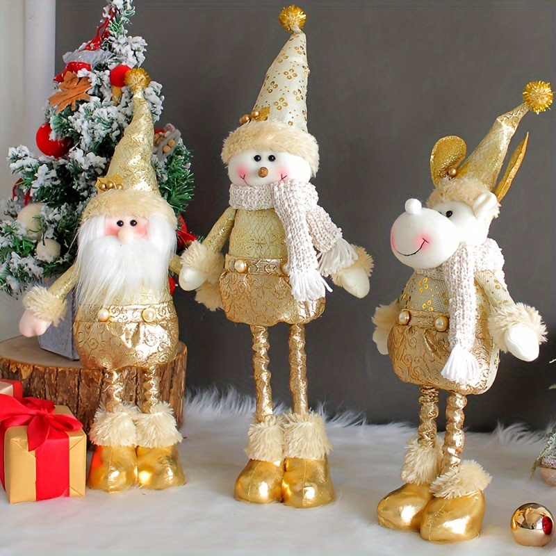 

3pcs/set Golden Christmas Standing Figure Doll, Santa Claus Snowman Reindeer Christmas Retractable Doll With Retractable Spring Legs, Holiday Home Decor