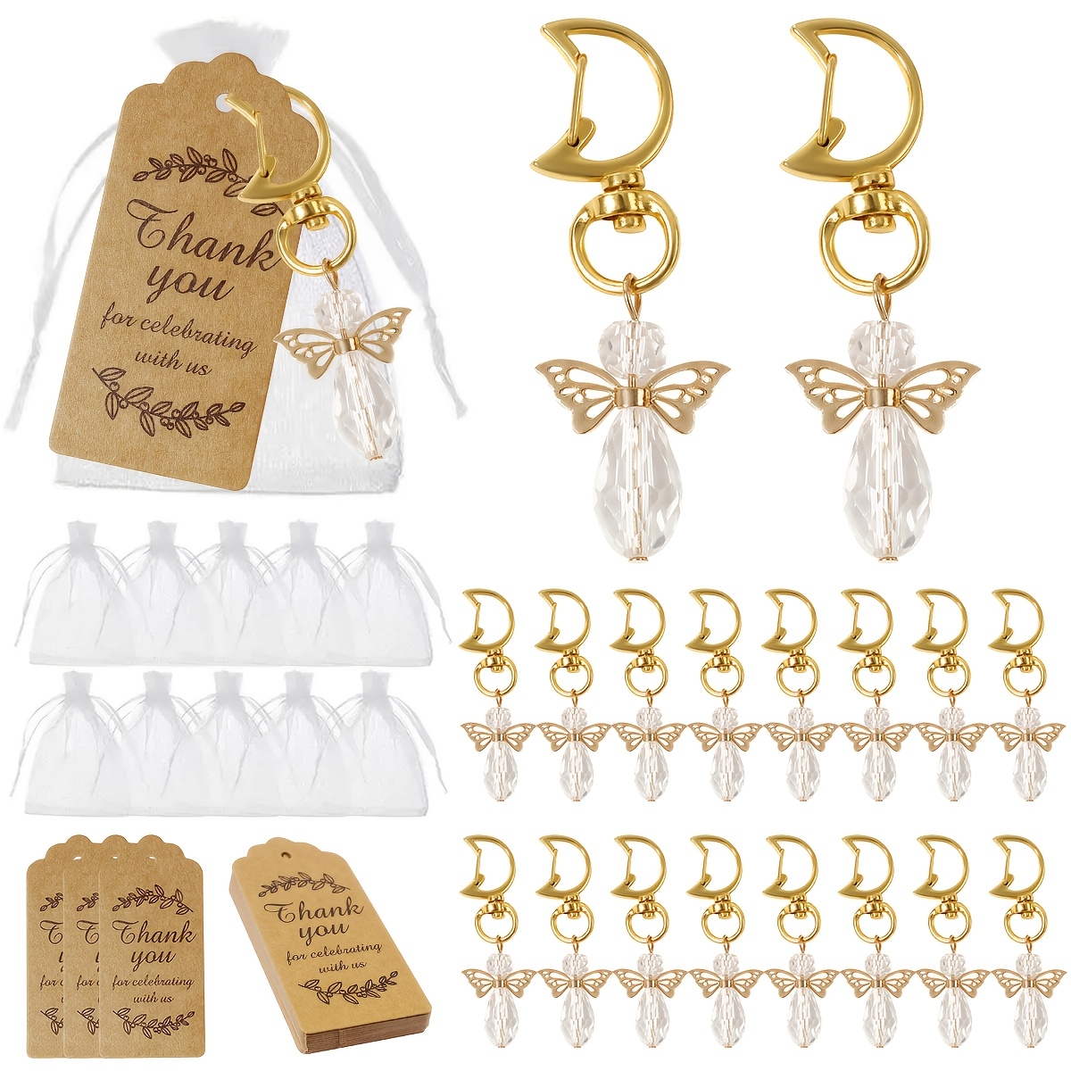 TEMU 20pcs/60pcs Metal Wing Keychain With Bags & Thank You Cards - Wing-shaped Cut-out Wing Charms, Hook Closure For -fitr, Weddings, Showers, Party